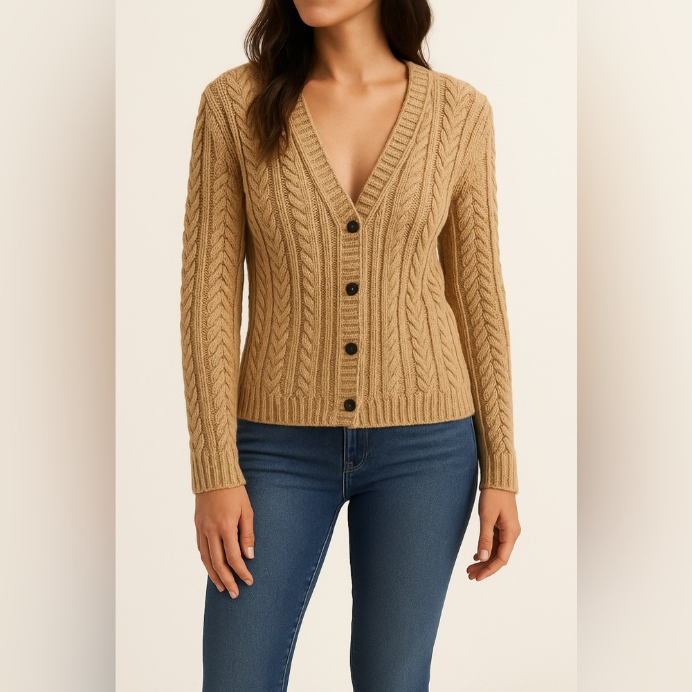 J. Crew Camel Cable-Knit V-Neck Button Cardigan